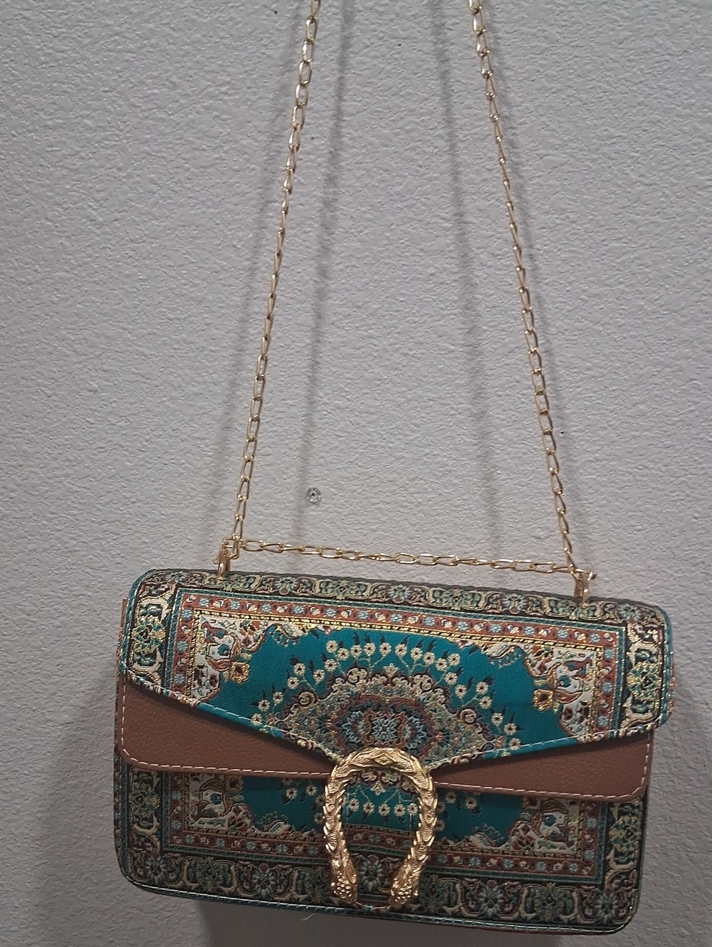 Teal Patterned Chain Shoulder Bag